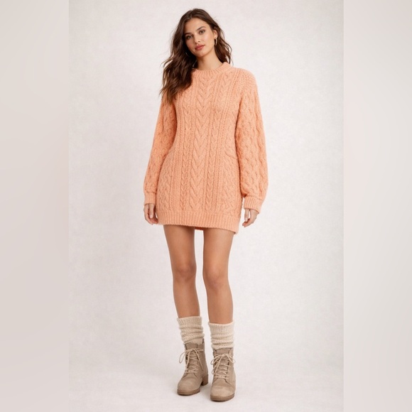 Free People Peach Cable Knit Mini Sweater Dress NWT Oversized Size Small - Picture 2 of 10